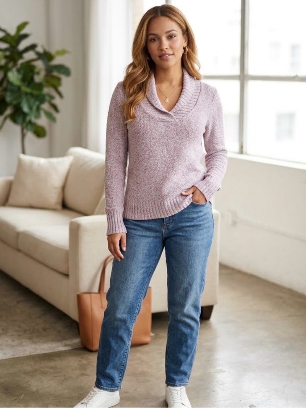 St. John’s Bay purple cowl V- neck classic sweater size M EUC